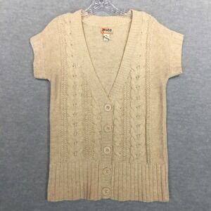Mudd‎ Jr XL Dolman Short Sleeve Cardigan Tan V-Neck Sweater Cable Knit Buttons